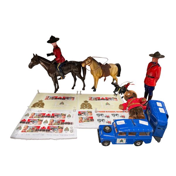 Assorted Vintage RCMP Collectibles: Corgi Car, Stamps, Figurines