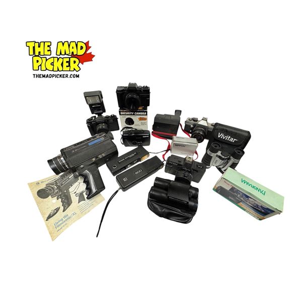 Vintage Cameras, Accessories, & Binoculars: Praktica MTL 5 Camera, Nishika MF-3 Camera, Flashes, & M