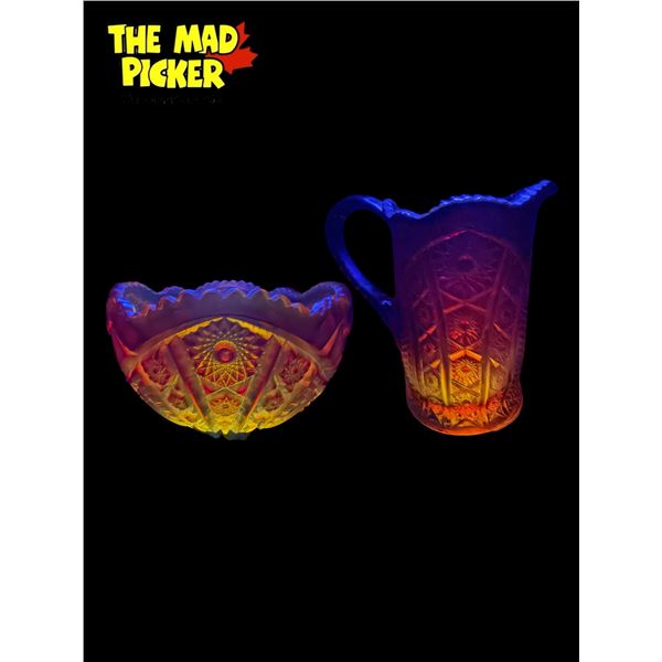 2X Vintage Red Cadmium Carnival Glass Collectibles: Pitcher & Bowl