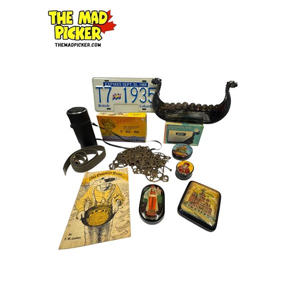 Vintage Variety: Viking Model Ship, Radio/Flashlight, License Plate, Lidded Containers & More