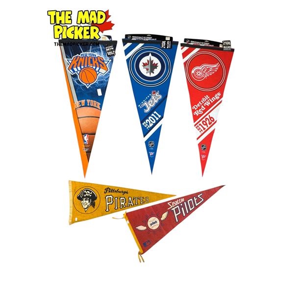 5x Sports Pennants: Pirates, Pilots, Red Wings, Jets, Knicks