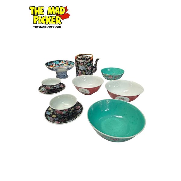 Asian Porcelain Collectibles: Bowls, Teapot, Pedestal Bowl, & Teacups + Saucers