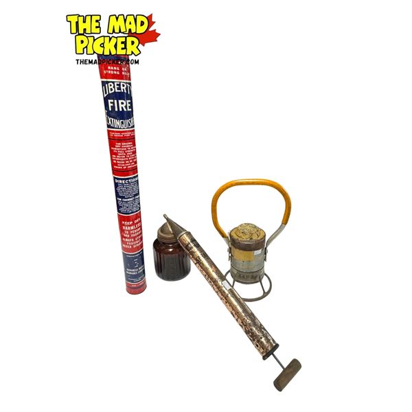 3x Vintage Collectibles: Liberty Fire Extinguisher, Universal Spray With Original Amber Glass Contai