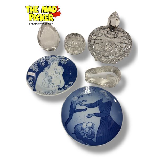 Vintage Collectibles: Cut Glass Candy Bowl, Art Glass Paperweights, & Royal Copenhagen Plates