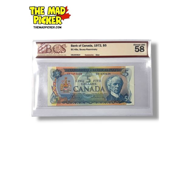 BCS Graded Almost UNC 58 Bank Of Canada 1972 $5 Bank Note