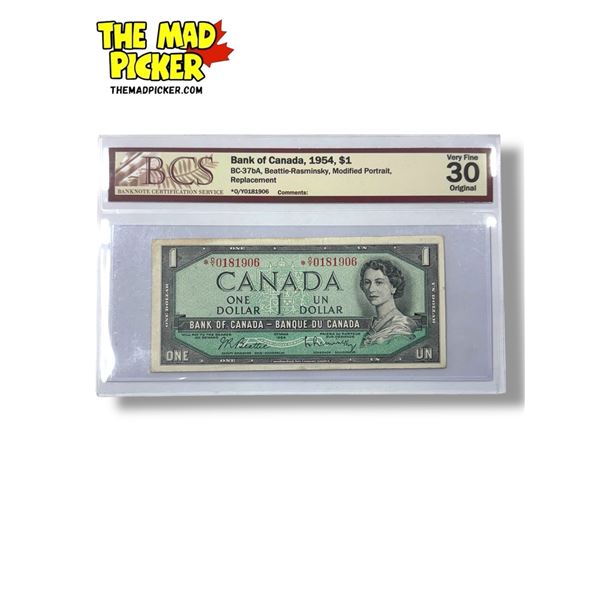 BCS Graded Very Fine 30 Original Bank Of Canada 1954 $1 Bank Note