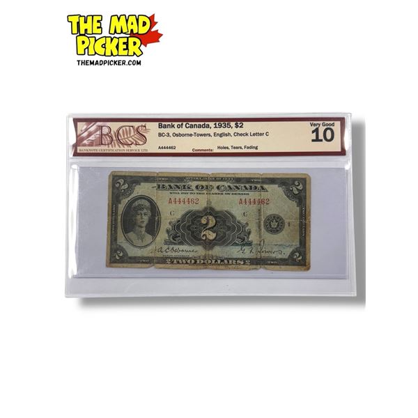 BCS Graded Very Good 10 Bank Of Canada 1935 $2 Bank Note