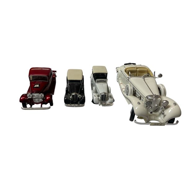 4x Die Cast Collectible Cars: Cadillac Tow Car, Mercedes Benz 500-K, Fleetwood, & Ford Coupe