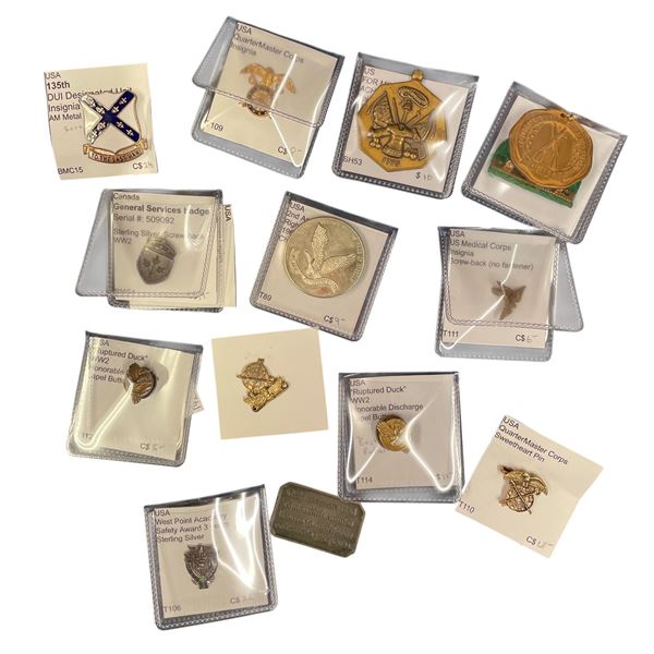 Assorted Vintage Canadian / USA Military Collectible: Pins, Coin, Medal