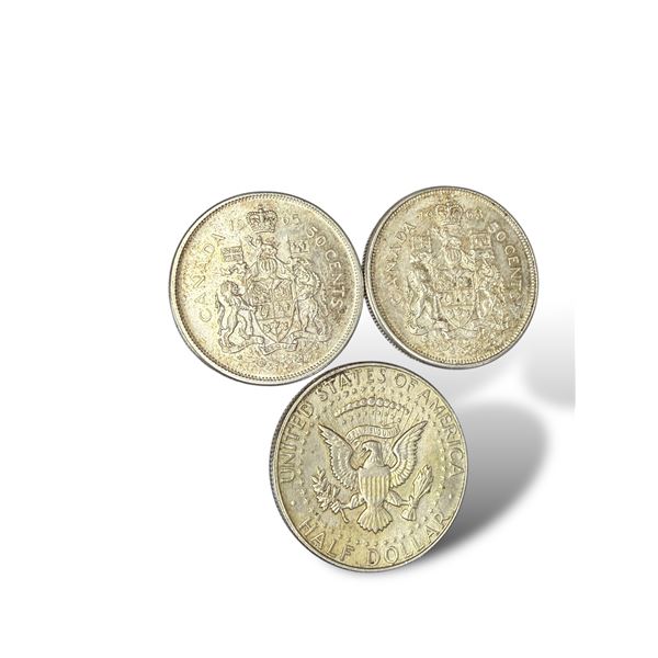 3x Silver Coins: 2x Canadian Half Dollars (1963 / 1965) & USA Kennedy Half Dollar 1967