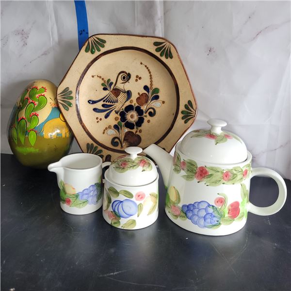 Vintage Decor Lot - Teapot Set, Mexican Handpainted Egg, Pottery Plate
