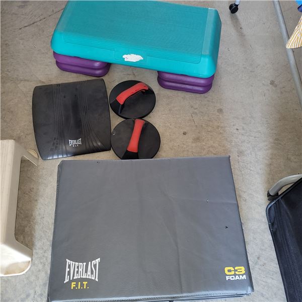 Lot of Exercise Items - Step Platform, 2 Glide Disks, Foldout Foam Mat, Floor Back Support