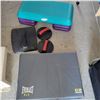 Image 1 : Lot of Exercise Items - Step Platform, 2 Glide Disks, Foldout Foam Mat, Floor Back Support