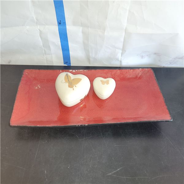 Vintage Pottery Table Tray + Japan Butterfly Trinket Holders