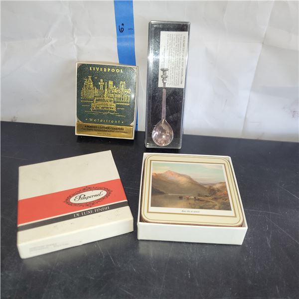 Estate Pimpernel Coaster Set, Leather Liverpool Coaster Set + Queen Souvenir Spoon