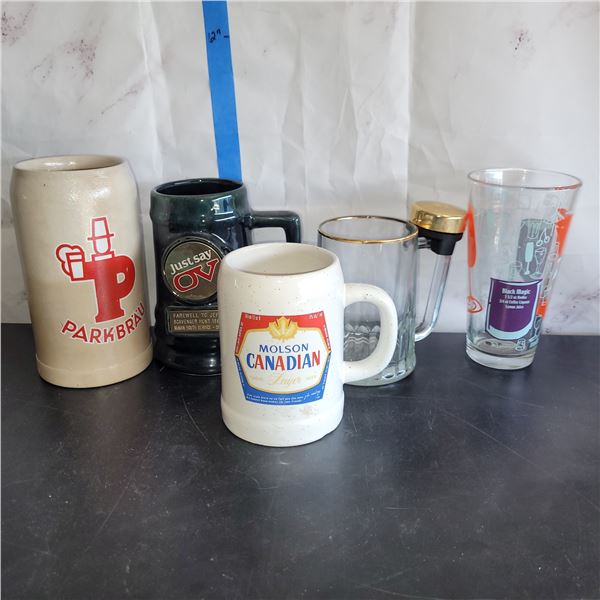 Lot of Vintage Steins and Cocktail Glass - Molson Canadian, OV, Beer Stein with Bell +