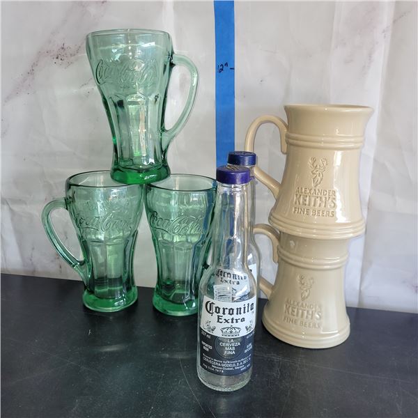 Lot fo 3 Vintage Thicker Coca Cola Glasses, 2 Corona Bottle + 2 Alexanders Keiths Mugs
