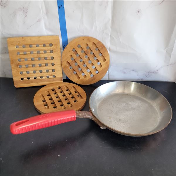 Lot of 3 Bamboo Trivets + Vintage Copper France Frying Pan