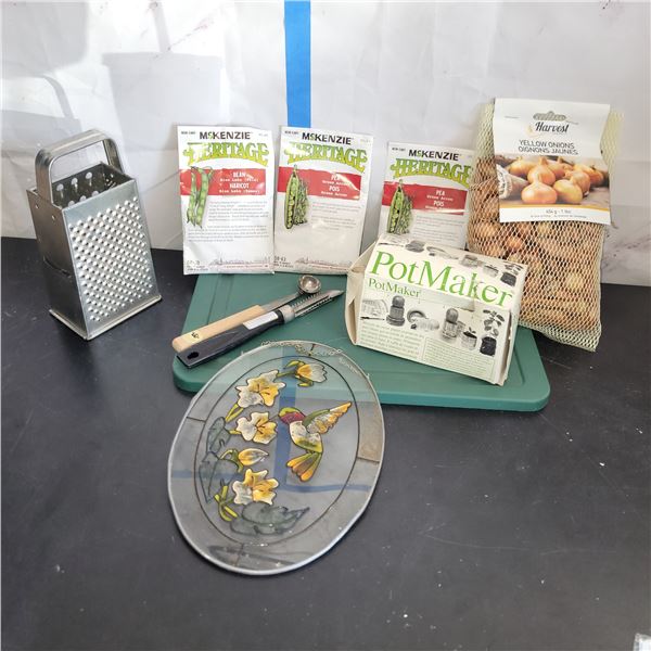 Mixed Estate Lot - Seeds, Bulbs, Vtg Melon Baller, Glass Suncatcher +