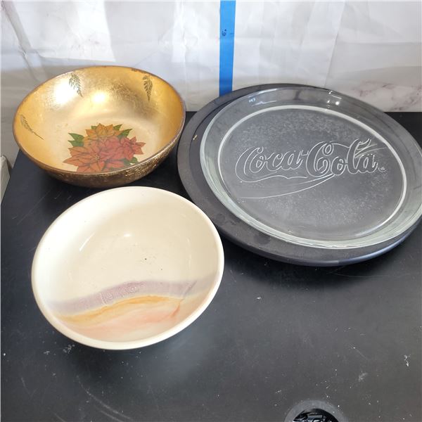 Estate Lot - Pretty Xmas Bowl, Signed Pottery Bowl, Large Coca Cola Plate + Large Lazy Susan