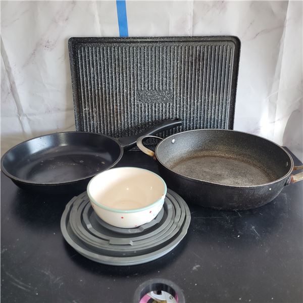 Estate Lot - Camping Cookware maybe? Large plate in back the Rock, plastic lids for mixing bowls
