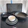 Image 1 : Estate Lot - Camping Cookware maybe? Large plate in back the Rock, plastic lids for mixing bowls