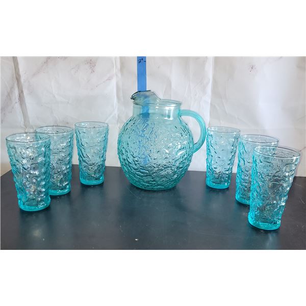 Mid Century Milano Aqua Crinkle Glass Pitcher & 6 Glasses