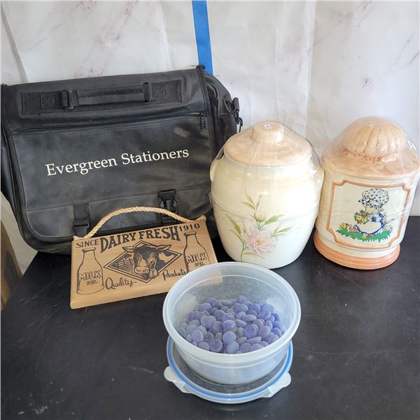 Mixed Estate Lot - 2 Cookie Jars, Laptop Bag, Wooden Dairy Sing, Decor Stones