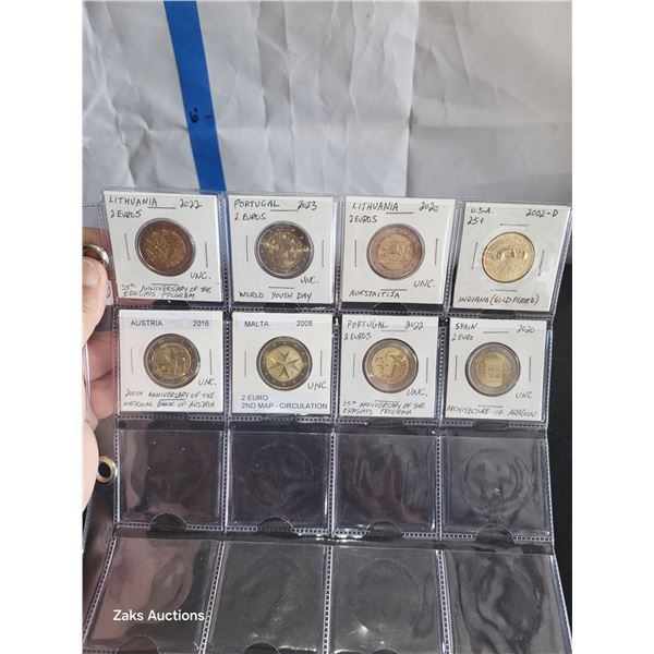 Lot of 7 New Uncirculated 2 Euro Coins + 1 US Gold Plated Quarter