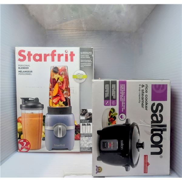 2pc - Salton rice cooker & steamer (6 cup capacity) and Starfrit personal blender (tested working in