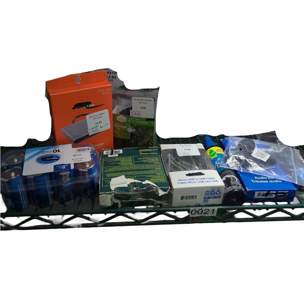 Group of misc. & electronics - earphones, earbuds, 8 pack D8 batteries, micro usb to usb cable etc.