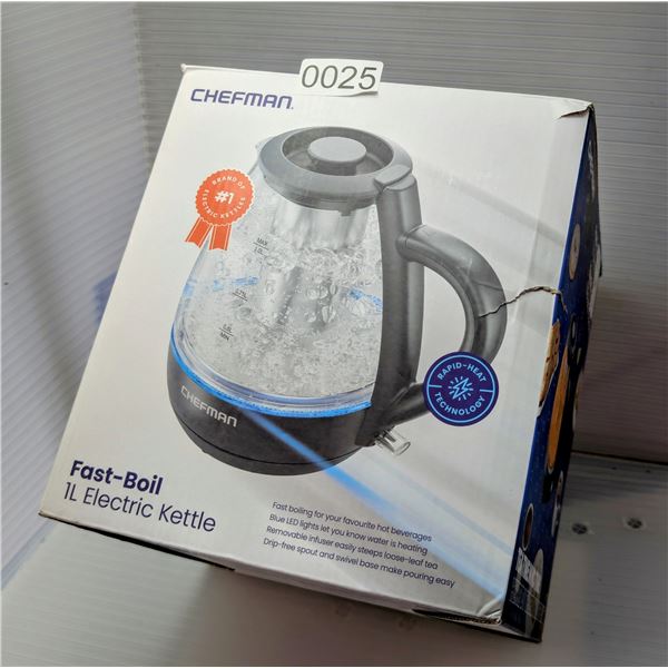 Chefman fast-boil 1L electric kettle (tested working in box)