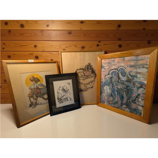 Group of 4 assorted framed paintings & prints - largest one approx. 19in x 23in