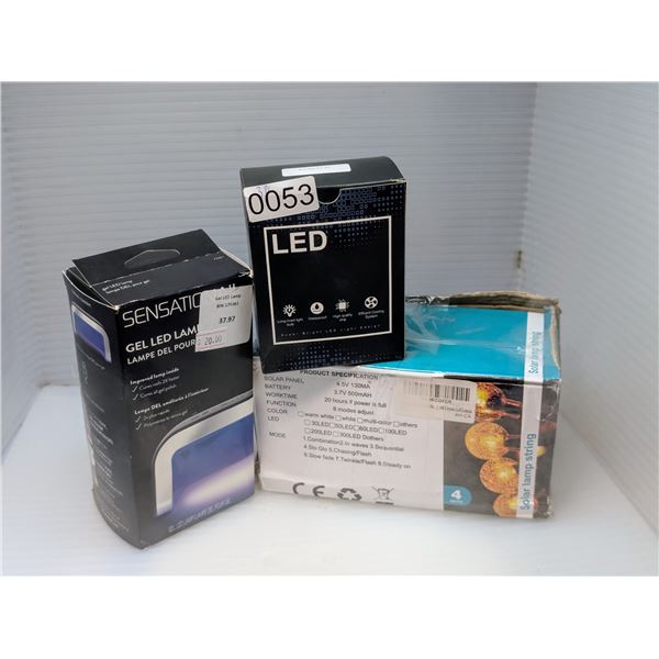 3pc misc. - LED headlights, gel LED lamp, solar lamp string light