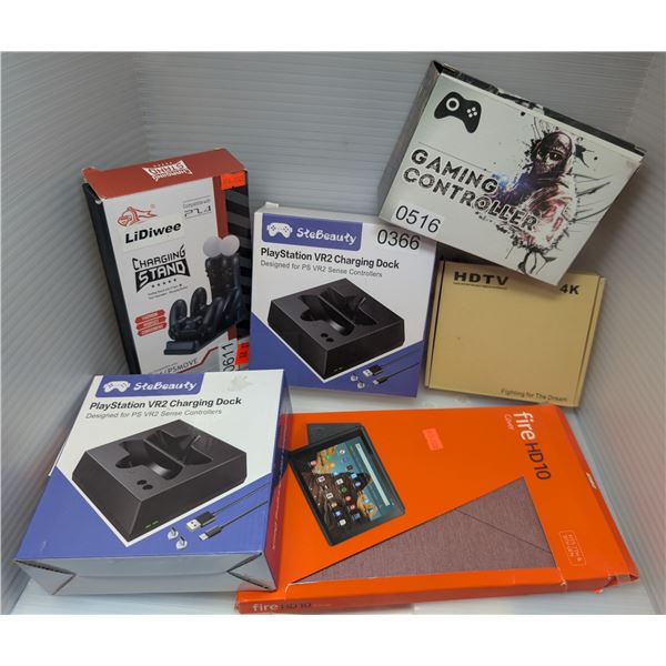 Group of assorted items - 4K HDTV multimedia interface, PS4 controller charging stand, gaming contro