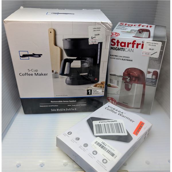 3pc - Starfrit mightican electric can opener, Mainstays 5 cup coffee maker & coffee warmer (tested w