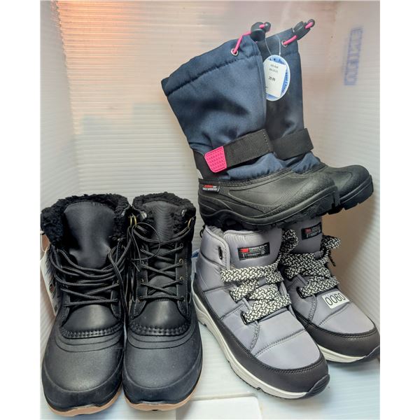 3 pairs of new assorted winter & water resistant boots - sizes 7, 6 & kids 12