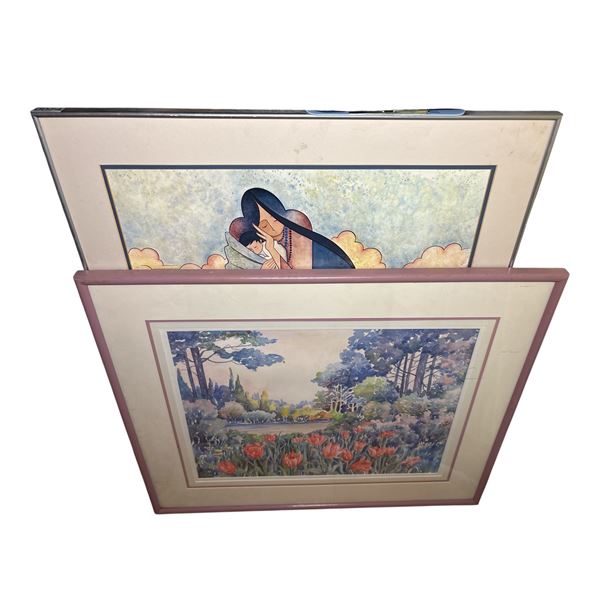 Group of 2 assorted framed wall hangings - tall one approx. 29in x 37 1/2in