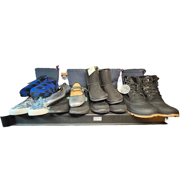 Shelf lot full of assorted new kids & adult shoes, slip-ons - assorted sizes (9 pairs)