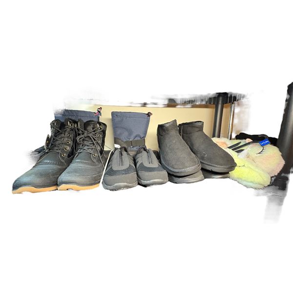 Shelf lot full of assorted new shoes, boots (7 pairs)