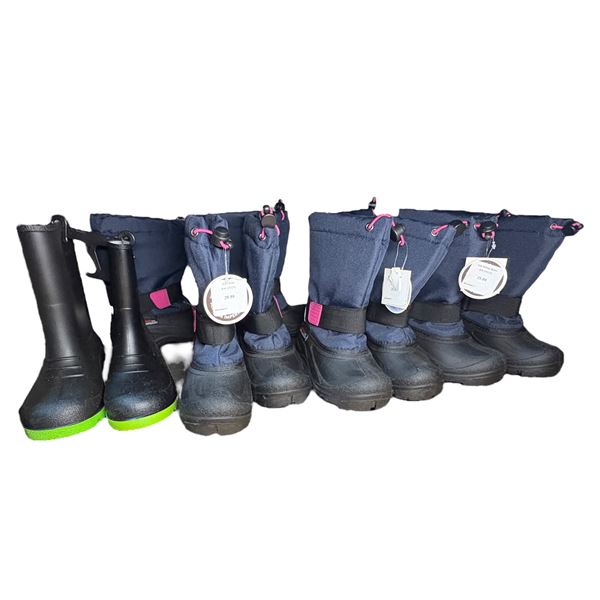 Shelf lot of assorted new water resistant boots for kids