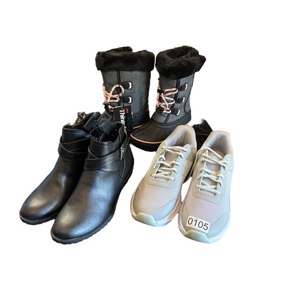 3pc assorted new women's shoes, joggers (size 7), black leather (size 7), kids size 13 winter boots