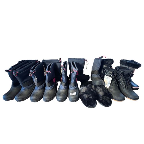 Large group of assorted new kids water resitant boots, adult slippers, boots etc.