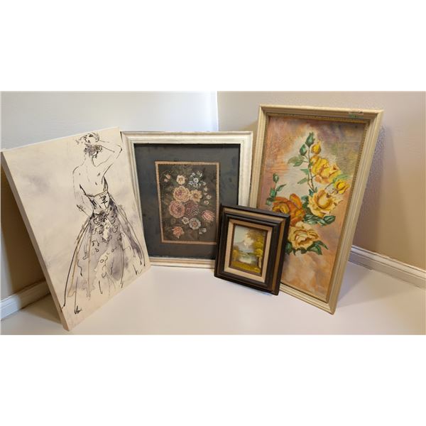4pc assorted paintings (tallest one approx. 26 1/2in x 14 1/2in