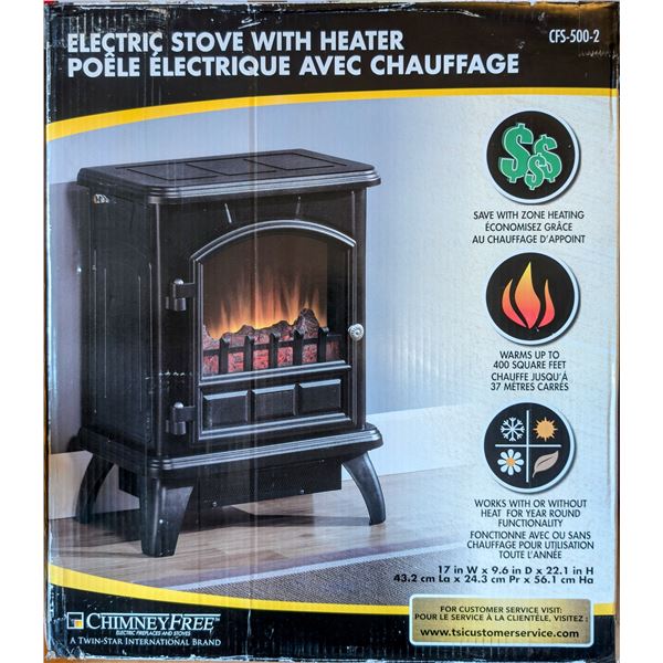 Chimney Free electric stove with heater CFS-500-2 - 17in wide x 9.6in depth x 22.1in height