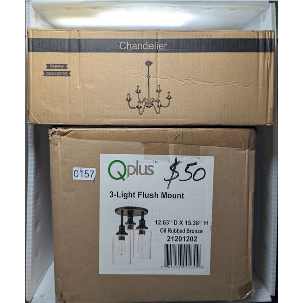 2pc - Chandelier & QPlus 3 light flush mount oil rubbed bronze