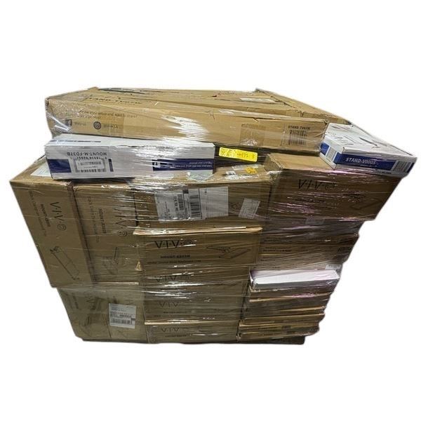 Pallet full of assorted VIVO office metal accessories - black TV stands/ monitor risers/ black mobil