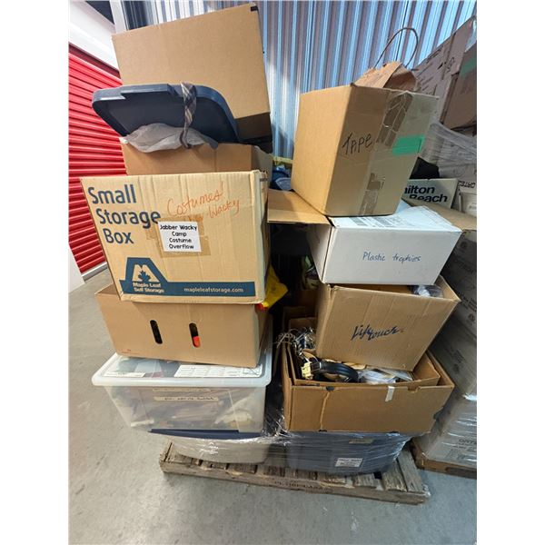 Pallet of misc. - Coffee urn, plastic trophies etc.. PICKUP FOR THIS LOT IS AT POCKIT SELF STORAGE A