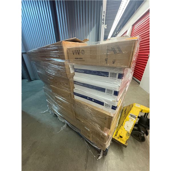 Pallet full of assorted Vivo items - pneumatic single arm monitor mounts/ clamp-on keyboard trays/ d