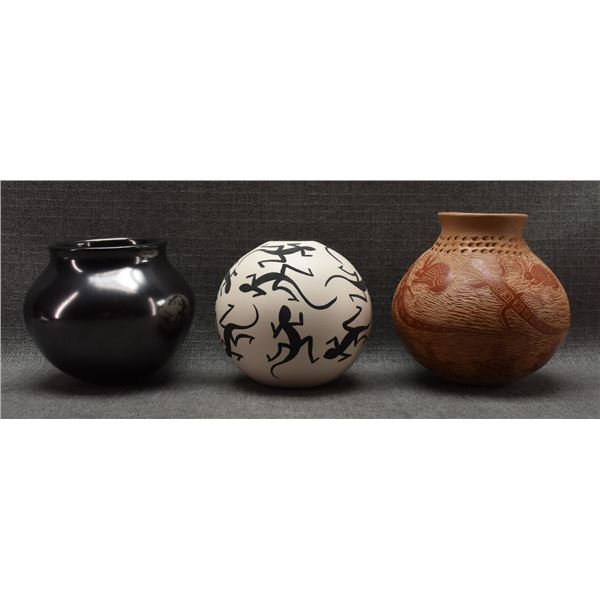 TWO MATA ORTIZ POTTERY JARS/ONE ACOMA POTTERY JAR